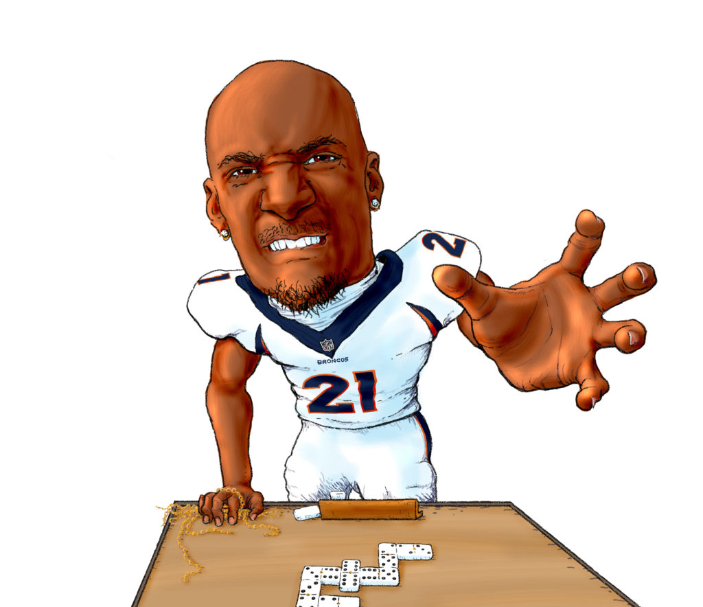 Highlighting Denver Bronco Aqib Talib and his penchant for snatching gold chains from opposing wide receivers. During his suspension in 2017 due to a chain snatch and the resulting fistfight, his coach was asked what Aqib was busy doing. To which he said, probably playing dominoes in the locker room. It doesn't take much to imagine what a game like that might look like...