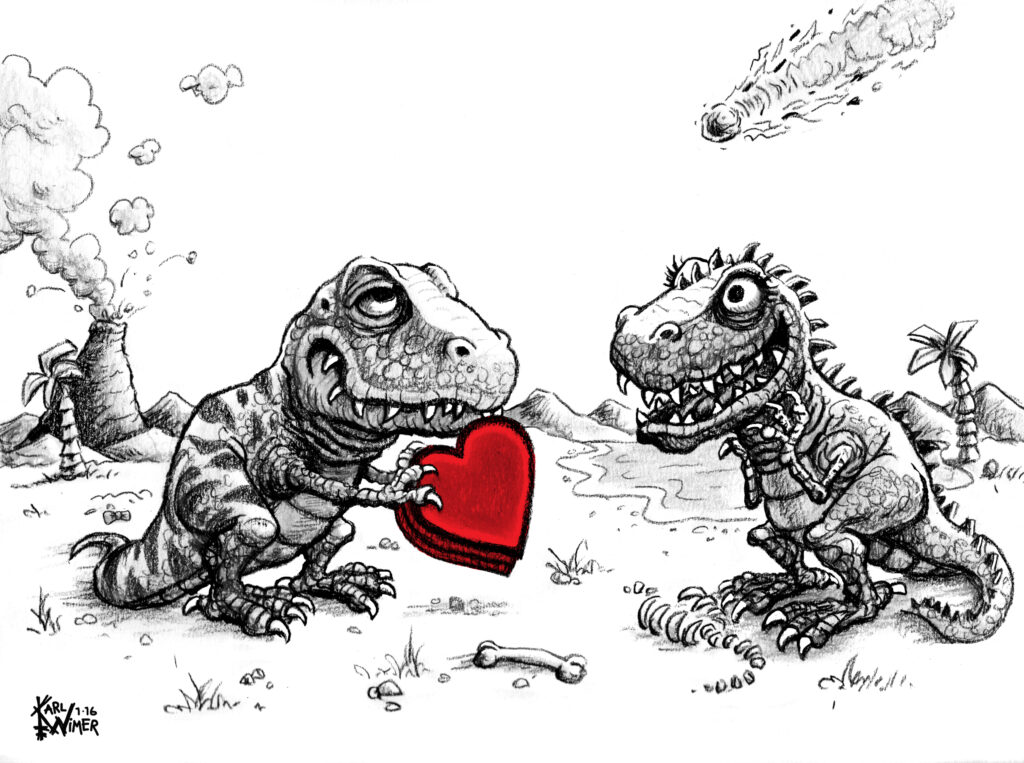 Dinosaurs in Love Valentines Day Cartoon Illustration