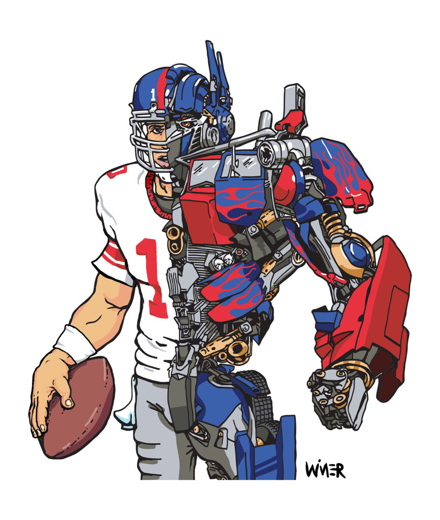 An illustration mashup of New York QB extraordinaire Eli Manning and Transformer Optimus Prime. Fun for any fan of the robot franchise and one of the top quarterbacks in a long history of the NY football Giants.