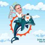 Sports cartoon illustration legendary coach rides off into the great beyond on a dolphin. Don Shula just left us to start a totally different season. The winningest coach in NFL history, and the owner of the only undefeated season, he did it with a ton of class.