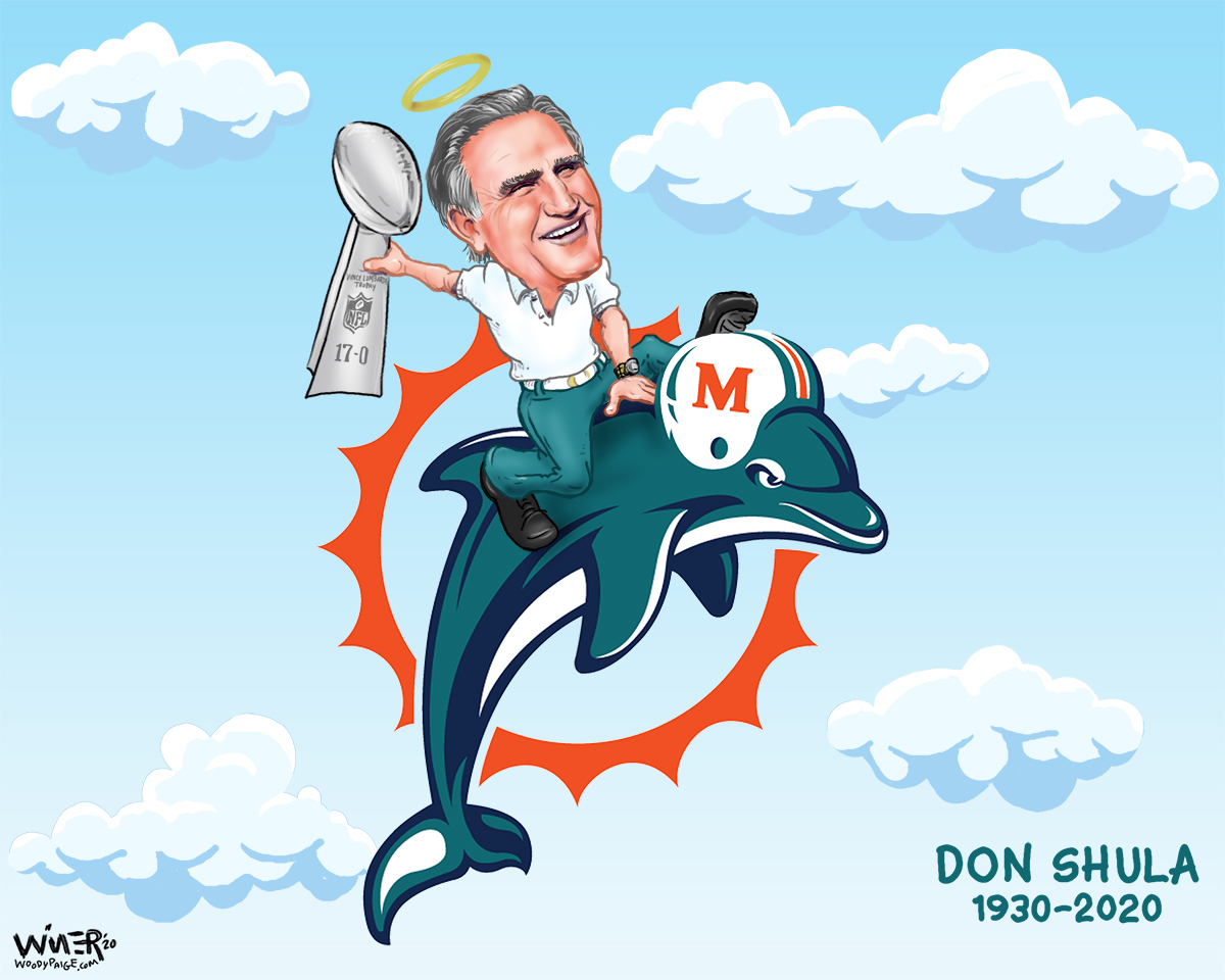 Sports cartoon illustration legendary coach rides off into the great beyond on a dolphin. Don Shula just left us to start a totally different season. The winningest coach in NFL history, and the owner of the only undefeated season, he did it with a ton of class.