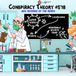 Sports cartoon illustration laying out one of thousands of conspiracy theories regarding coronavirus - this one postulating it was designed by nerds with the intention of creating miserable sports fans.