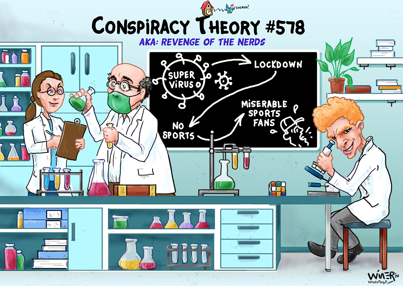 Sports cartoon illustration laying out one of thousands of conspiracy theories regarding coronavirus - this one postulating it was designed by nerds with the intention of creating miserable sports fans.